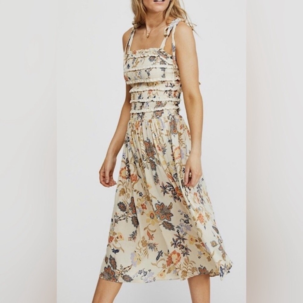 Free People! Isla Floral Print Midi Dress In Ivory Combo